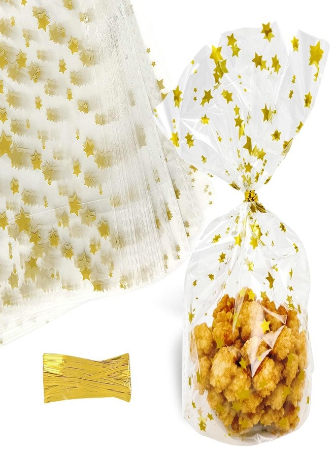 Capesaro Gold Cellophane Bags,Star Cellophane Treat Bags with Twist Ties,Thick Plastic Small Cello Bags for Bakery,Cookies, Dessert Candy Buffet Supplies (50 Pack) - Image 1
